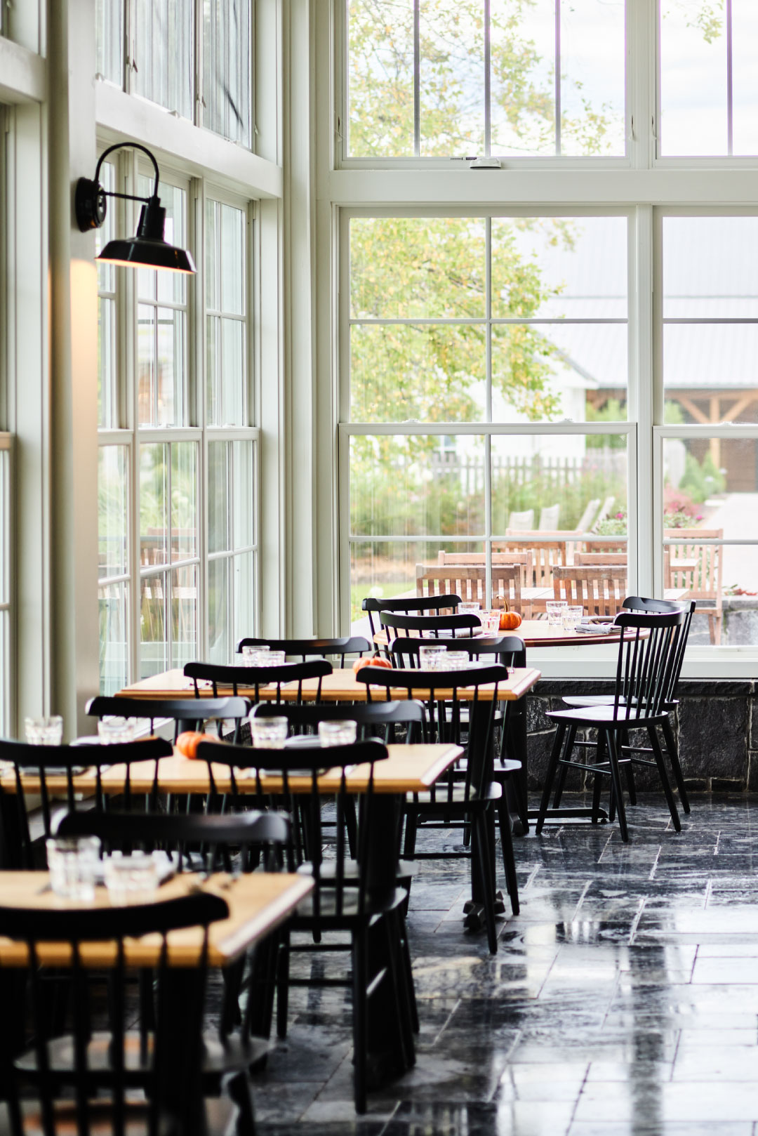 Enclosed lakefront patio at Rose Tavern restaurant