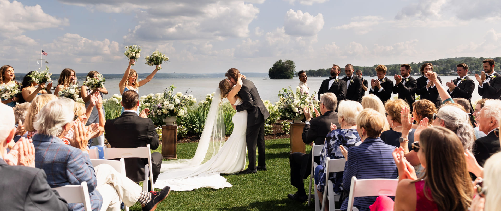 wedding celebration in front of the lake